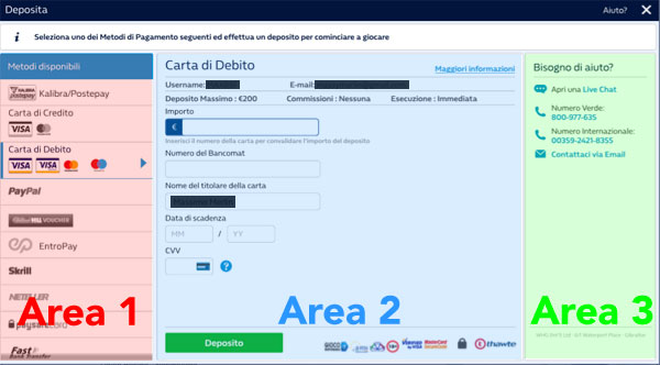 Esempio di deposito con il Bancomat sul conto di gioco di un Casino online legale in Italia